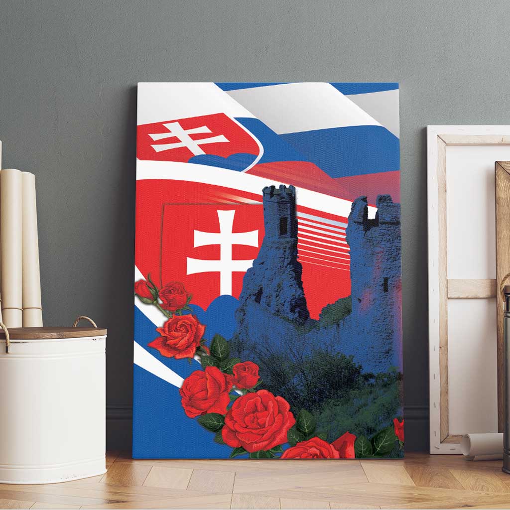 Canvas wall art of Devín Castle with Slovakia flag and red roses