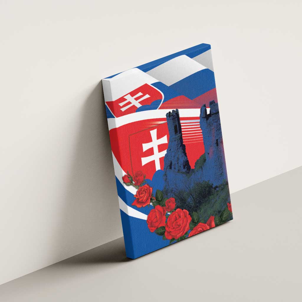 Framed canvas wall art with Slovakia flag, Devín Castle, and red roses