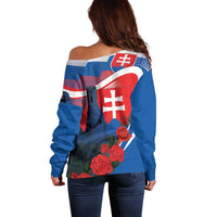 Women’s blue off-shoulder sweater, back print with Slovak flag, castle and roses