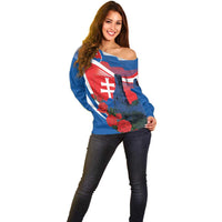 Women’s blue off-shoulder sweater with Slovak flag, castle and red roses