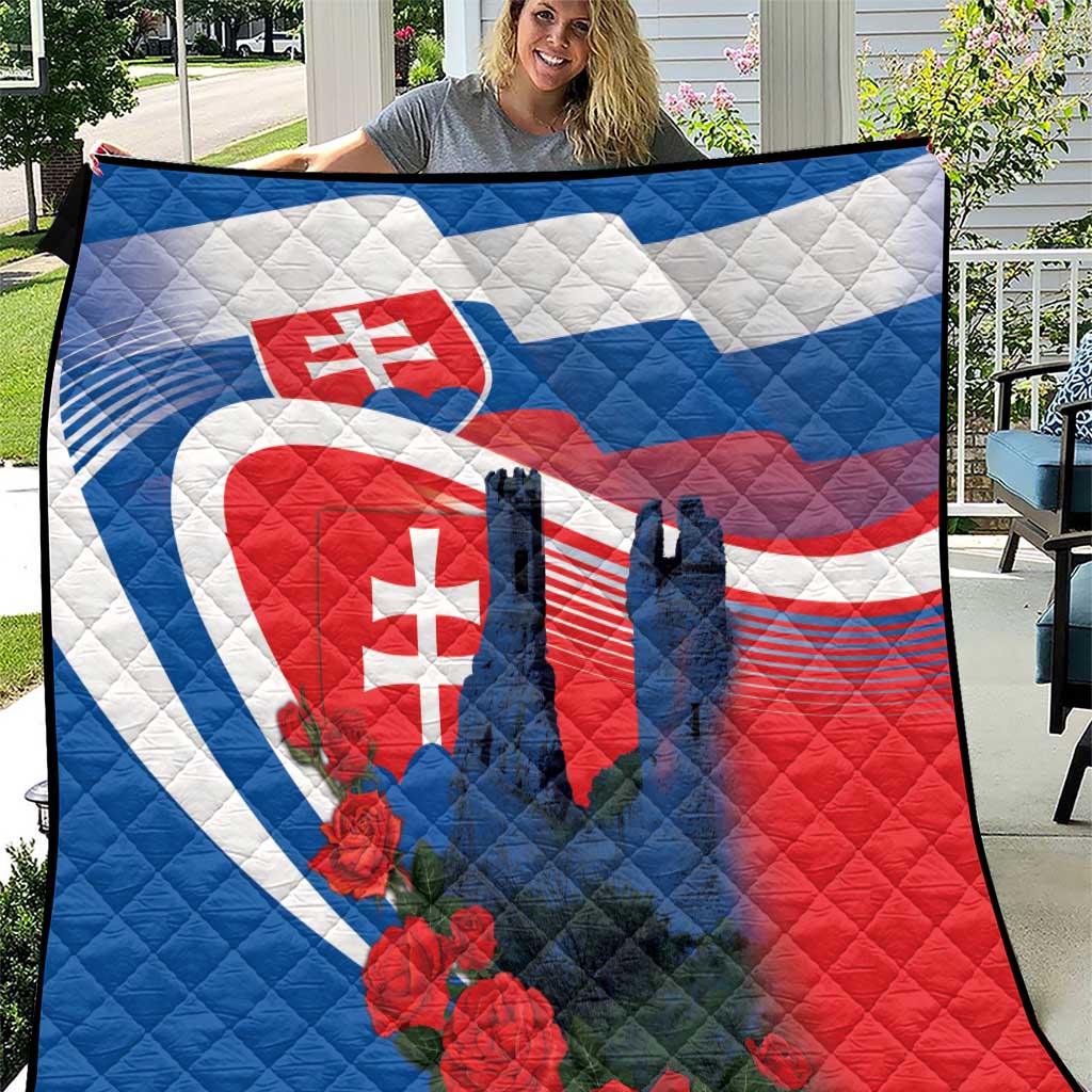 Slovakia-themed quilt with castle silhouettes, roses, and blue white red flag design