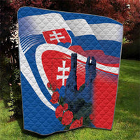 Quilted Slovakia flag blanket with castle silhouettes and red roses, outdoor display