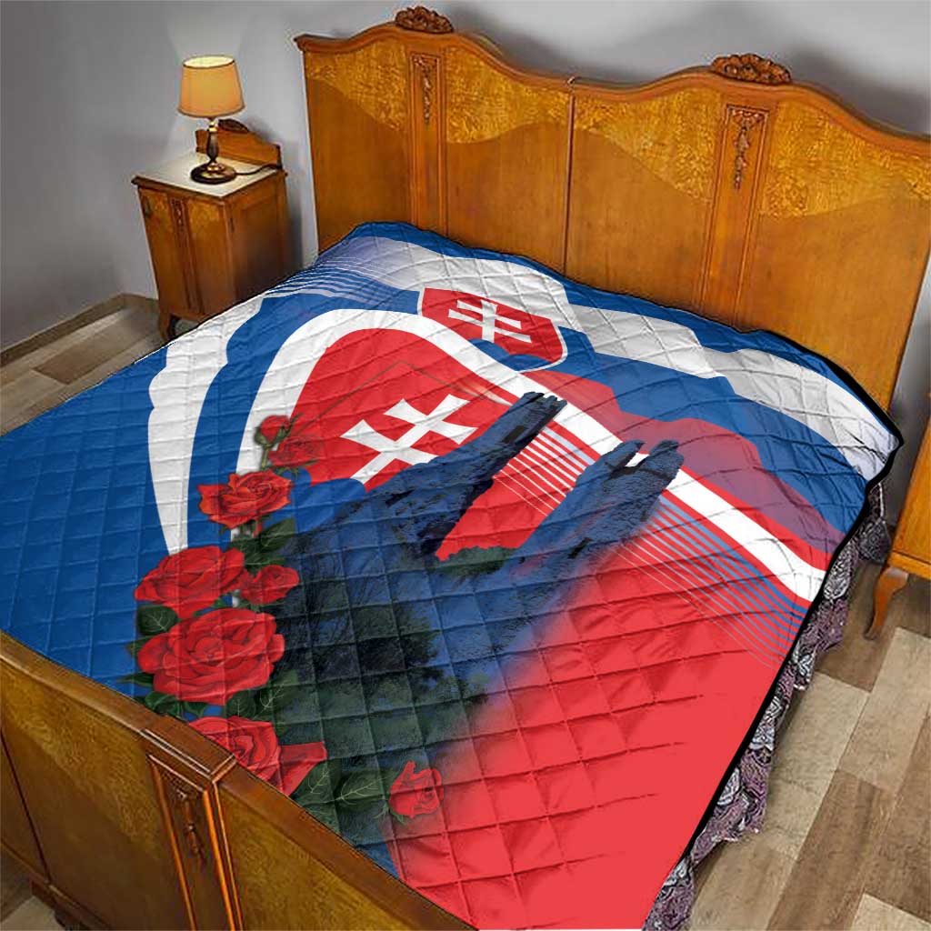 Bedroom quilt with Slovakia flag design, castle silhouettes, and red roses on bed