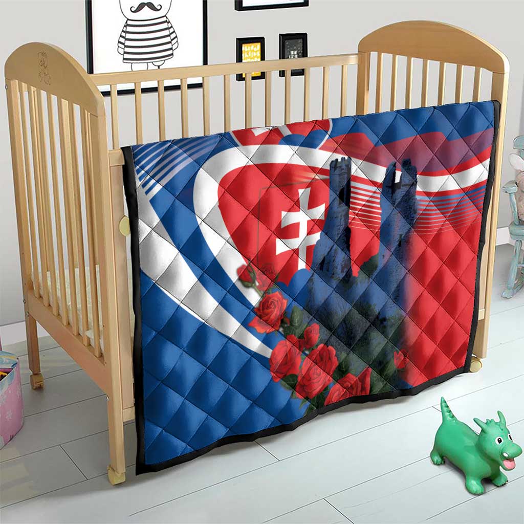 Kids crib quilt with blue white red Slovakia flag design, castle silhouettes, and roses
