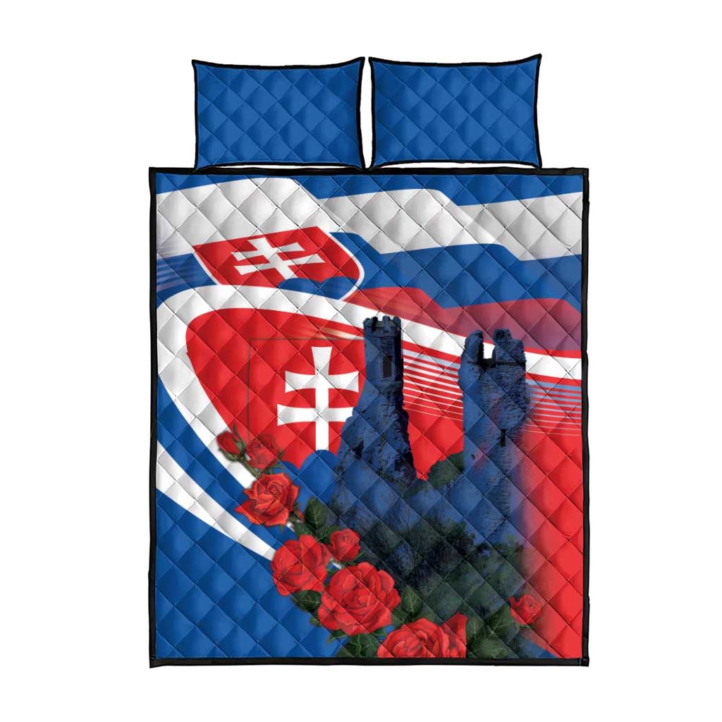 Blue and red quilt set with Slovak flag, roses, castle silhouette, and two matching pillows