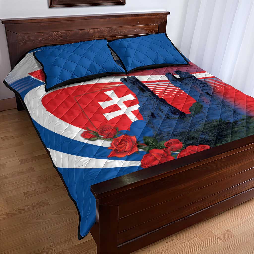 Blue quilt with Slovak flag, roses, and castle silhouette; two matching blue pillowcases