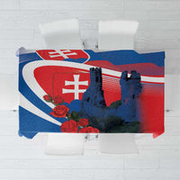 Blue red white graphic tablecloth with castle silhouette and roses