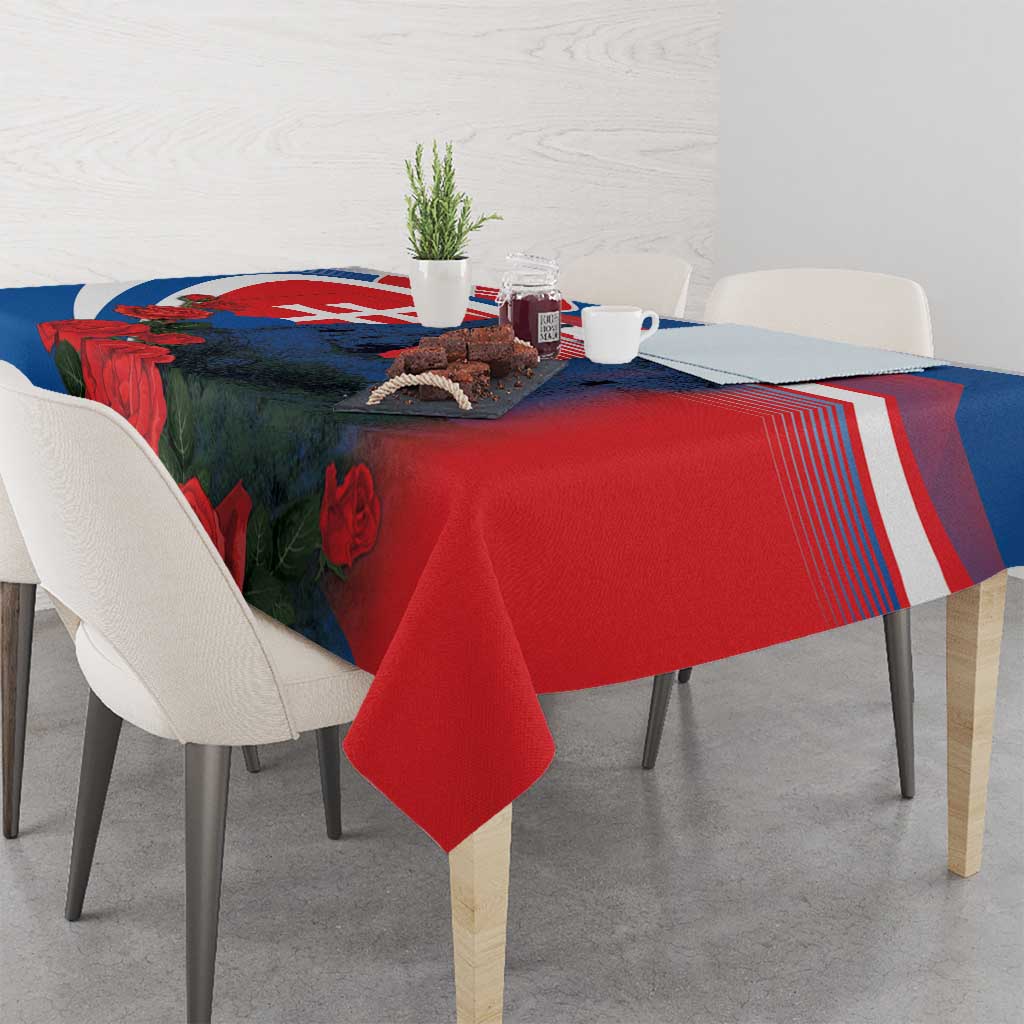 Blue red white tablecloth with castle motif and rose pattern