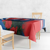 Blue red white printed tablecloth with roses and castle scene