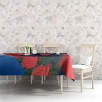 Blue red white floral and castle graphic tablecloth on long table