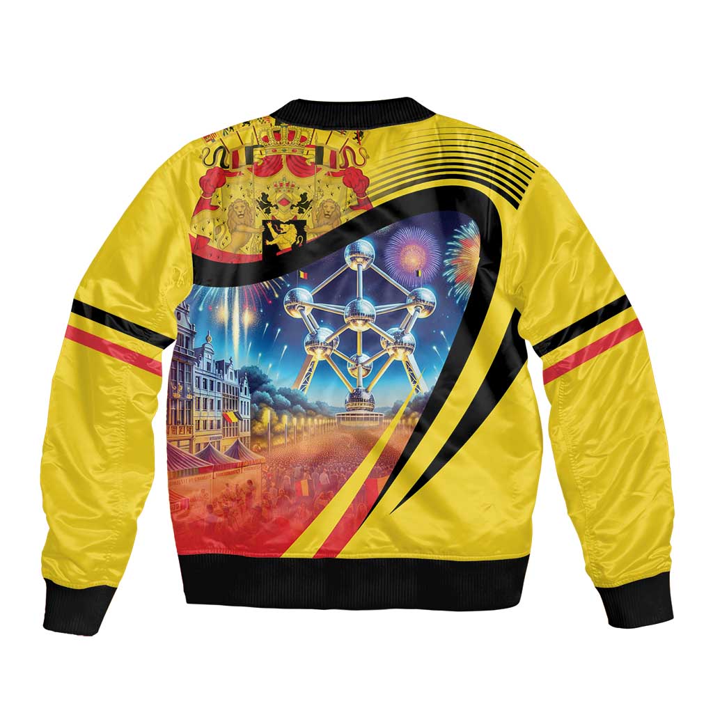 Yellow bomber jacket with black rib trim, back Atomium city graphic and diagonal stripes