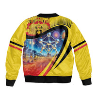 Yellow bomber jacket with black rib trim, back Atomium city graphic and diagonal stripes