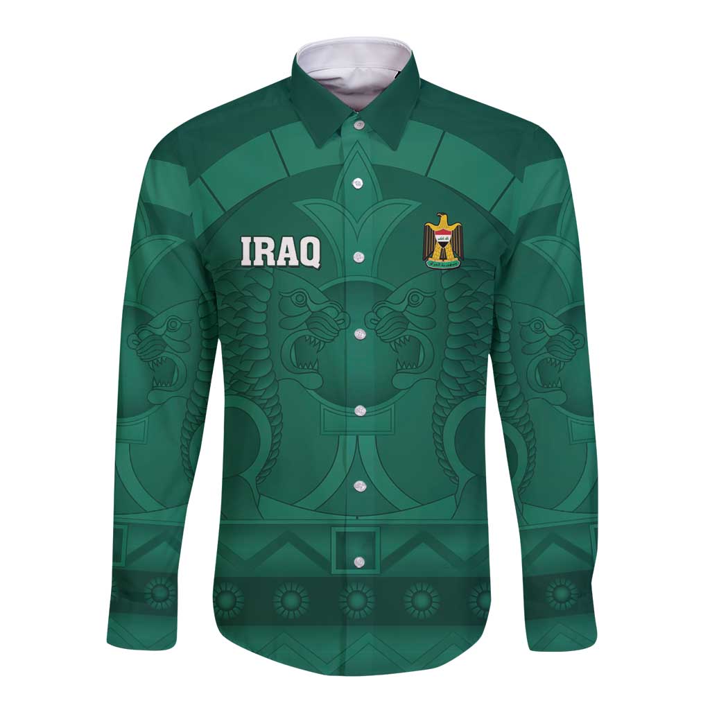 Iraq Football Custom Long Sleeve Button Shirt Mesopotamian Lion Pattern