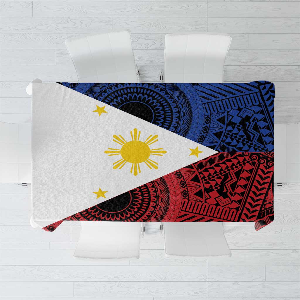 Philippines National Flag Day tablecloth with blue, red tribal pattern, yellow sun and stars