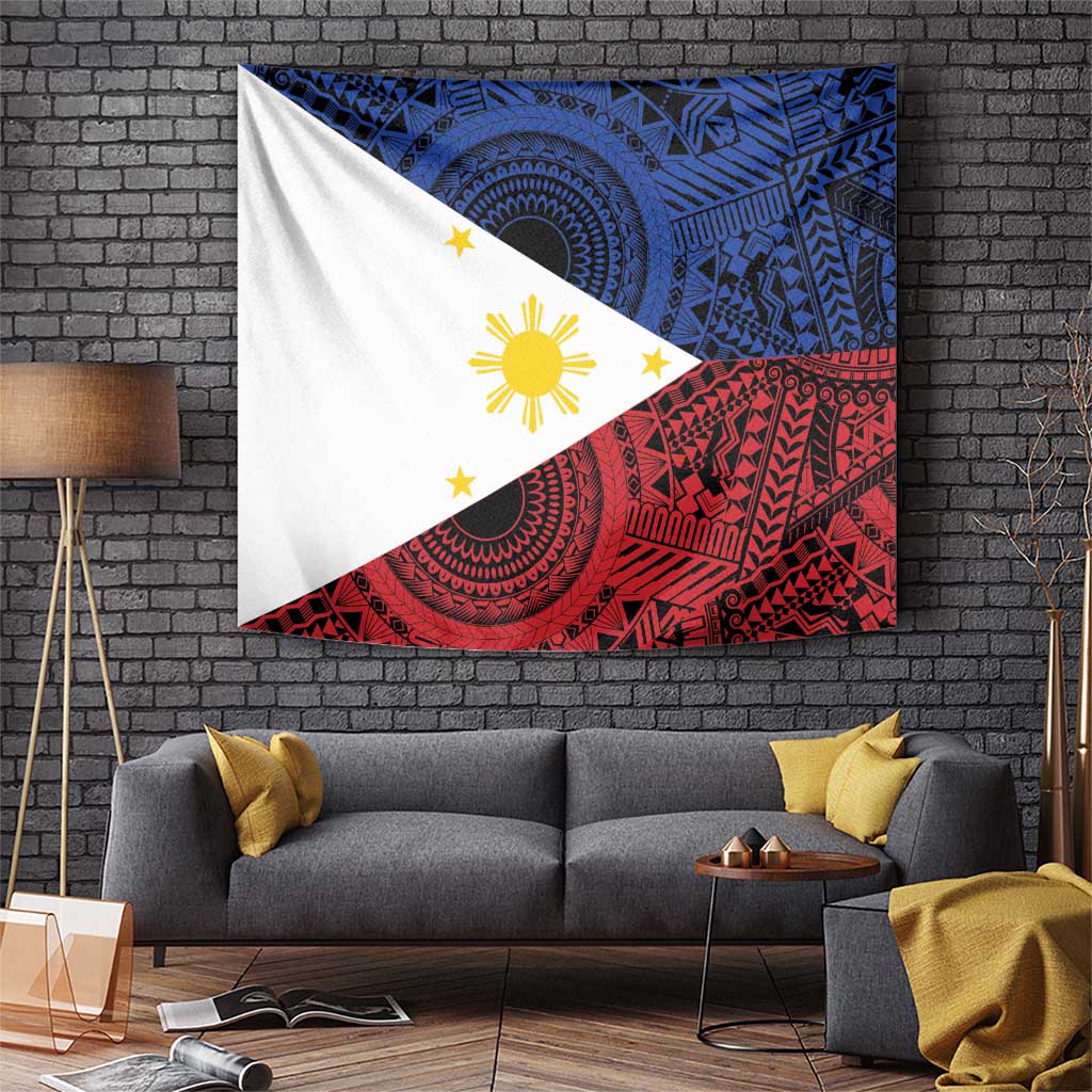 Rectangular tapestry with blue and red tribal patterns, white triangle, sun and stars