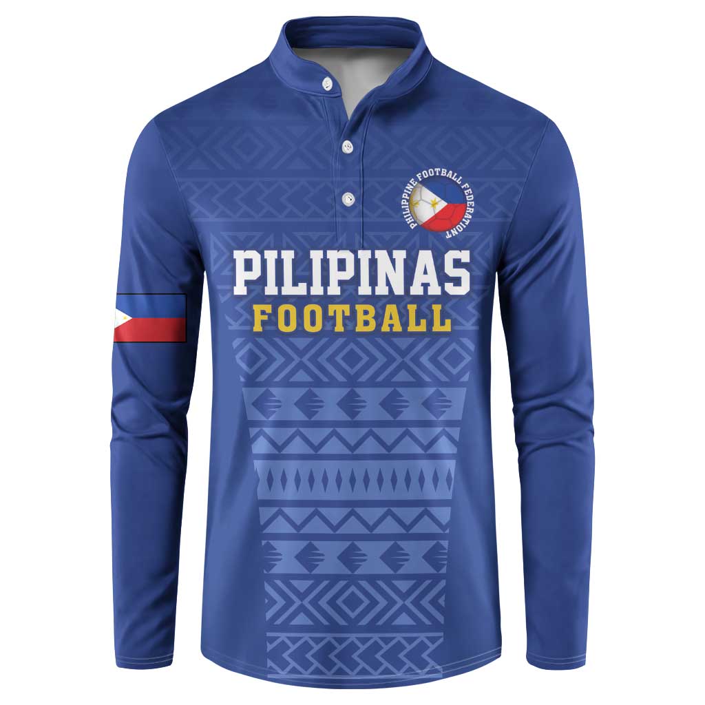 Blue button-front football sweatshirt with crest and "PILIPINAS FOOTBALL" print