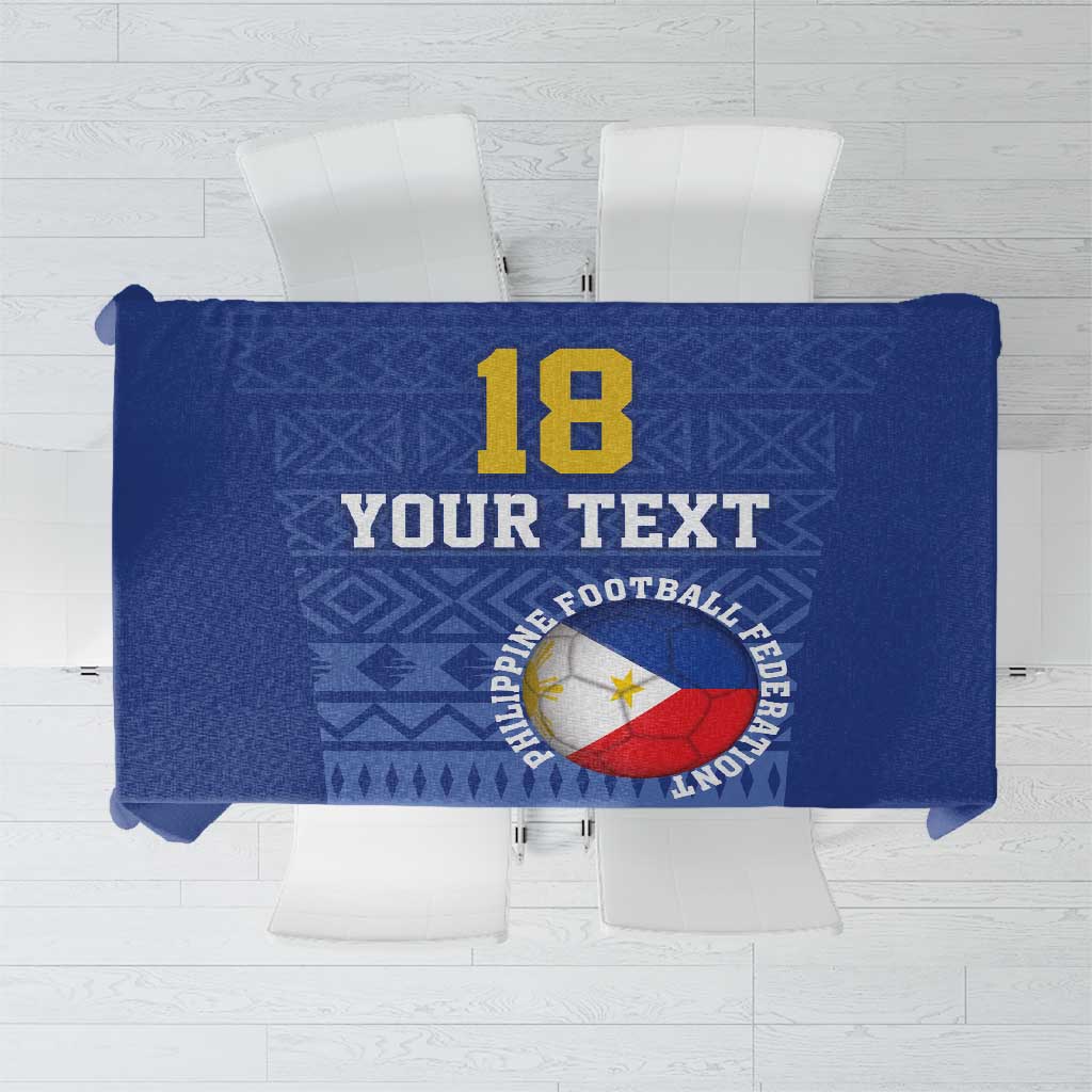 Blue football tablecloth with large 18, Your Text, and crest emblem print