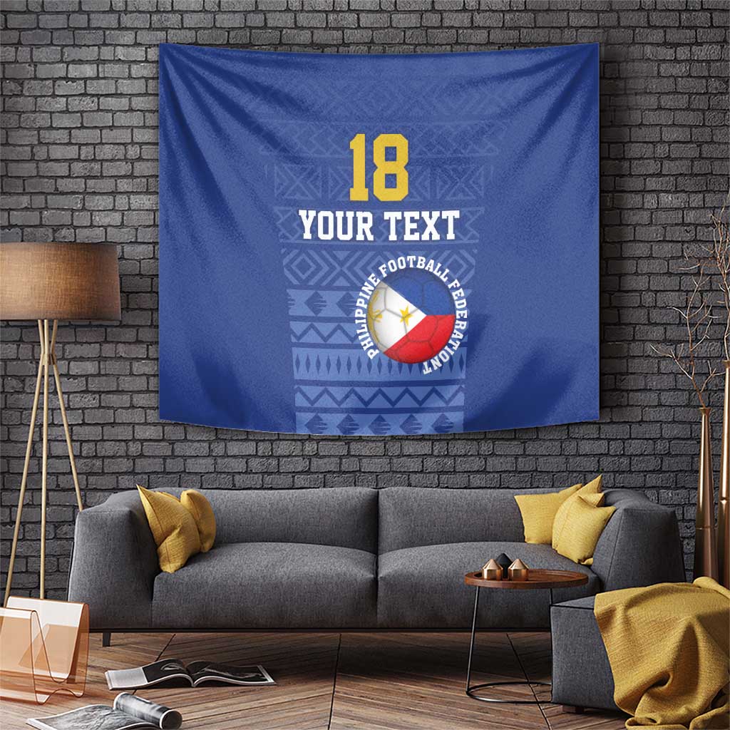 Blue custom football tapestry showing '18', 'YOUR TEXT', and Philippines team emblem