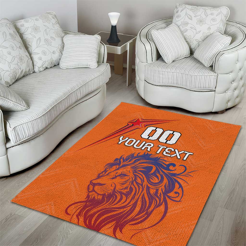 Orange area rug with lion illustration and 'YOUR TEXT' logo in the center