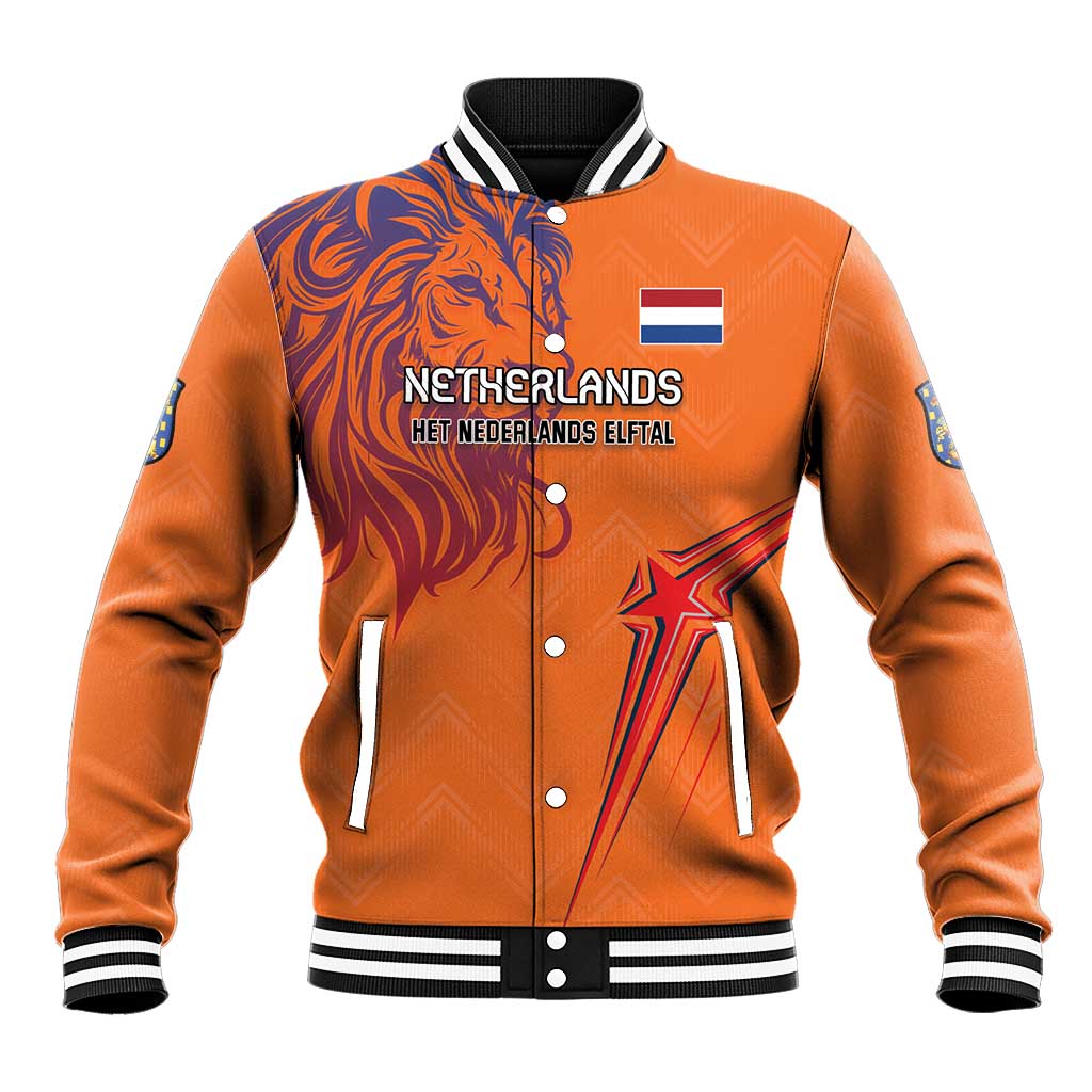 Orange baseball jacket with Netherlands lion graphic, button front, striped cuffs