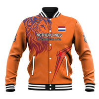 Orange baseball jacket with Netherlands lion graphic, button front, striped cuffs