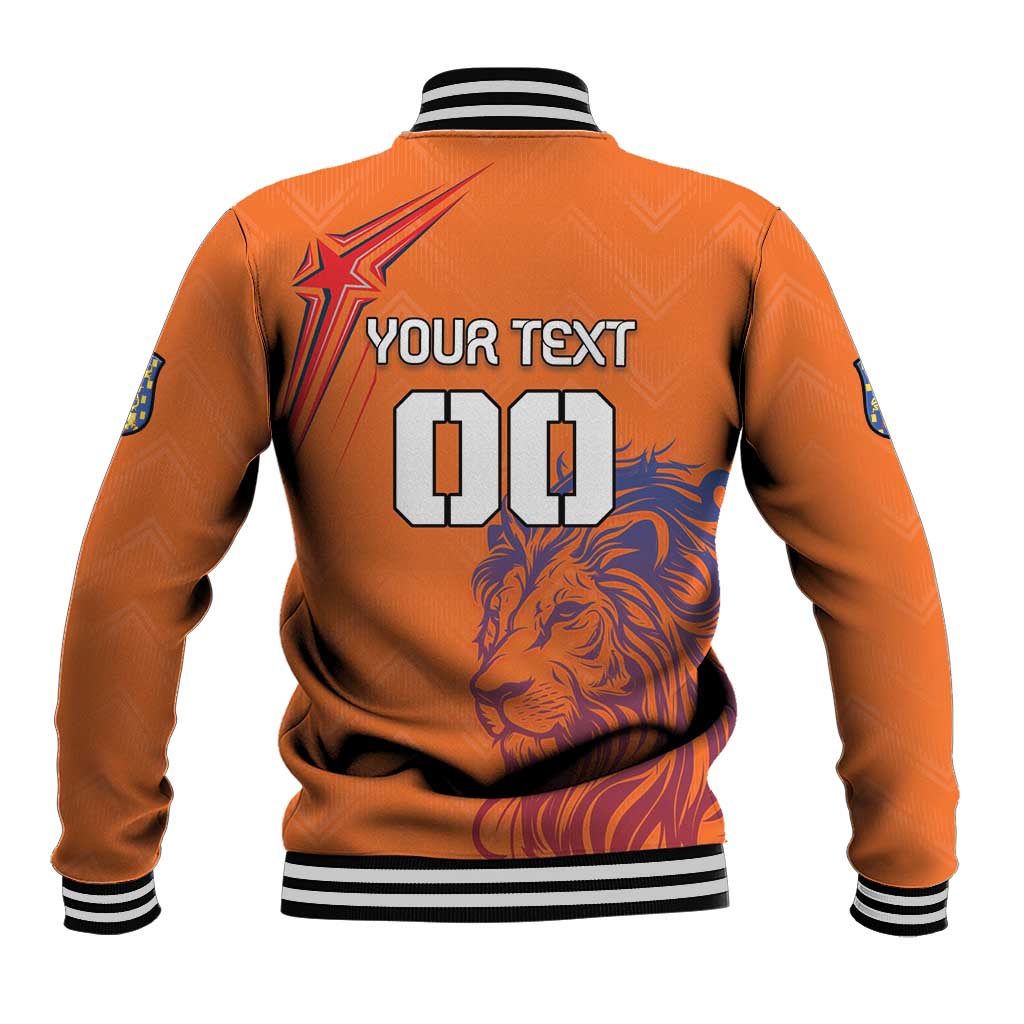 Orange baseball jacket back with lion graphic, Your Text and 00 print, striped collar