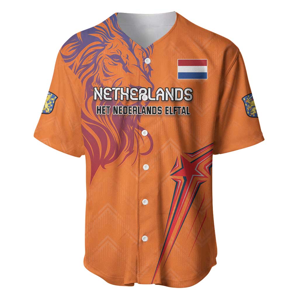 Orange Netherlands baseball jersey with lion graphic, button front, flag patch and sleeve logos