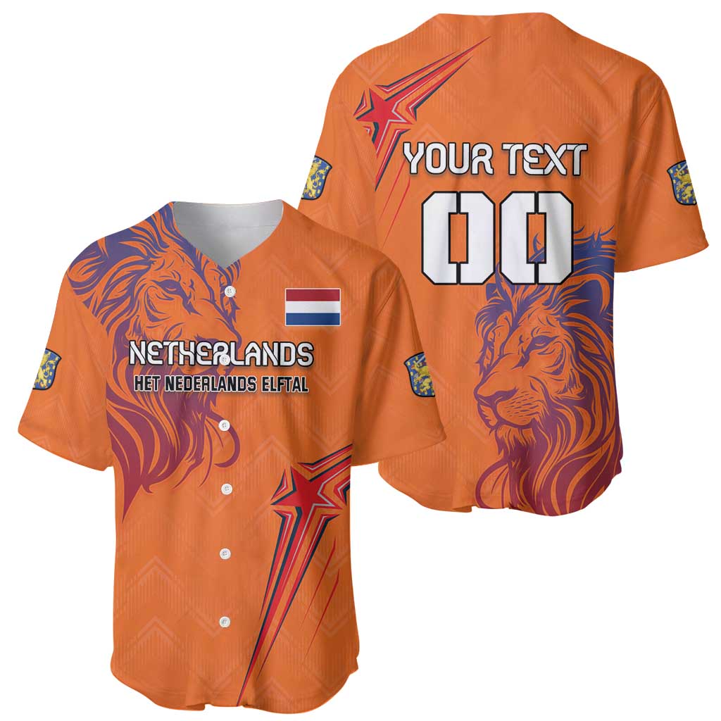 Orange baseball jersey front and back with lion artwork, flag emblem, and custom number
