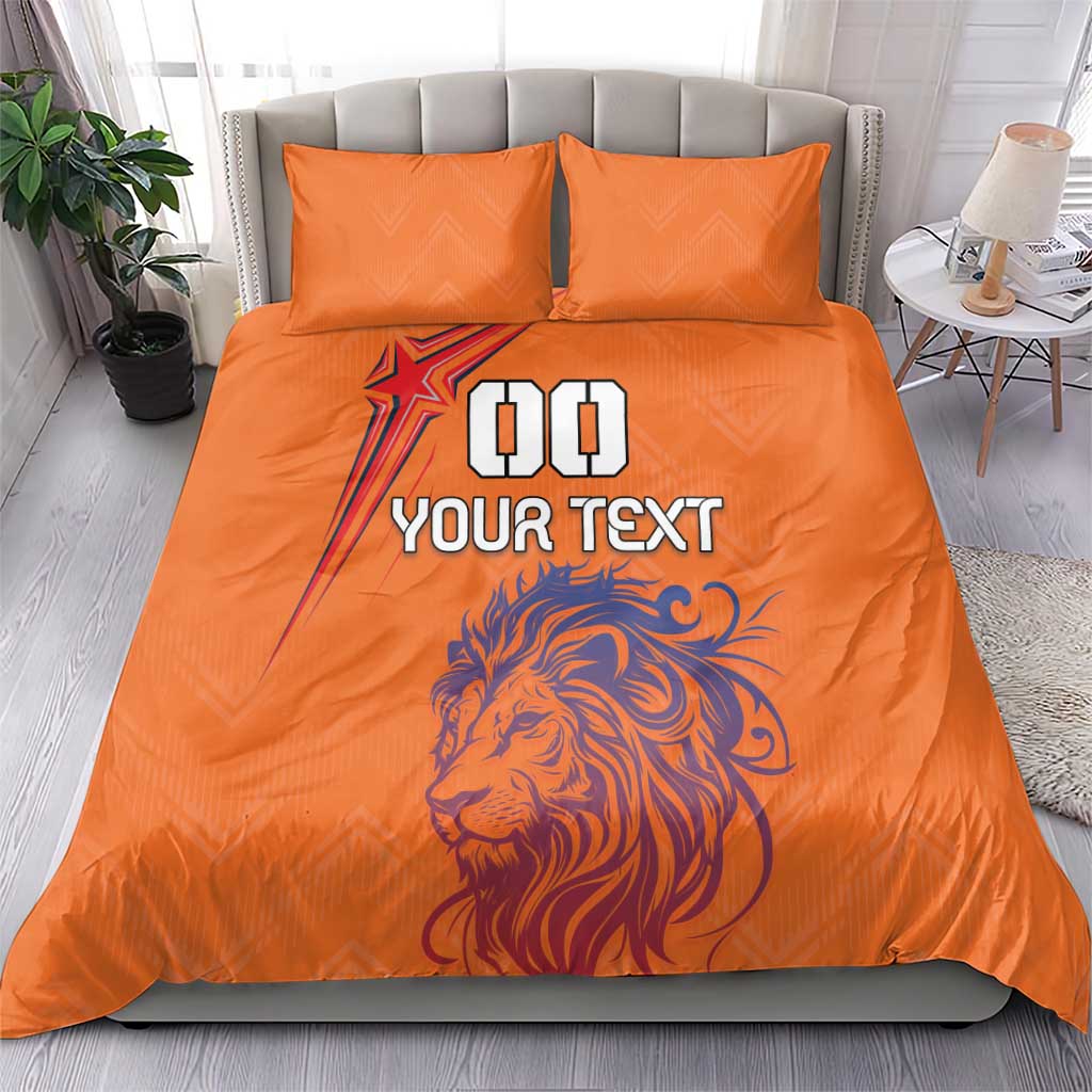 Orange lion bedding set with 'DO YOUR TEXT' design on duvet and pillowcases