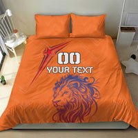 Orange lion bedding set with 'DO YOUR TEXT' on duvet and two matching pillowcases