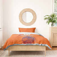Orange lion bedding set with 'DO YOUR TEXT' on duvet and two pillowcases