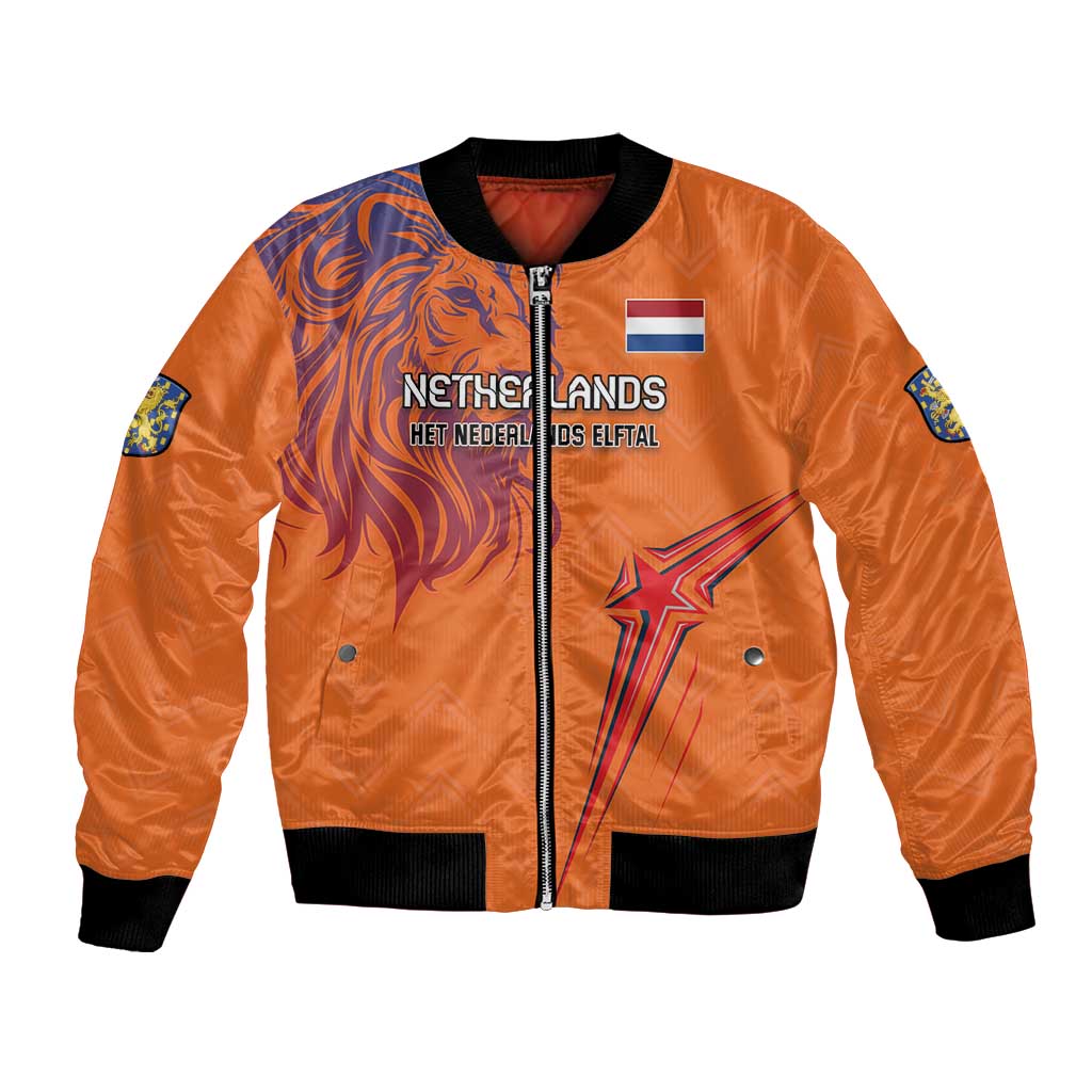 Orange bomber jacket with front zipper, black ribbed collar, and Netherlands lion graphic