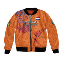 Orange bomber jacket with front zipper, black ribbed collar, and Netherlands lion graphic