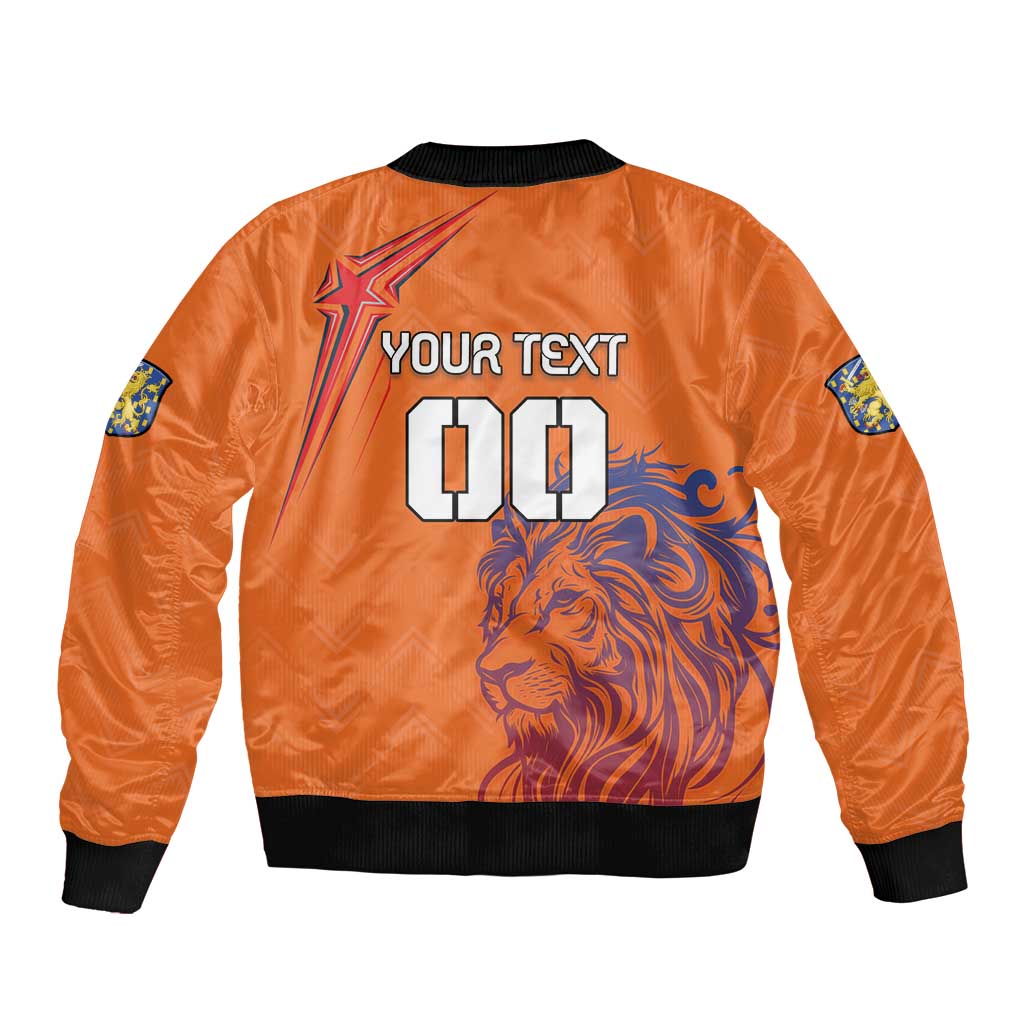 Orange bomber jacket with black ribbed hem and lion back graphic, plus custom number