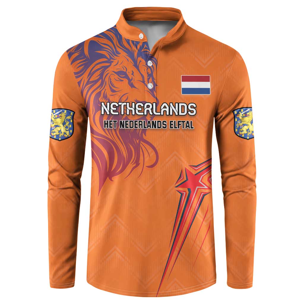 Orange button football sweatshirt with Netherlands lion graphic and sleeve crest patches