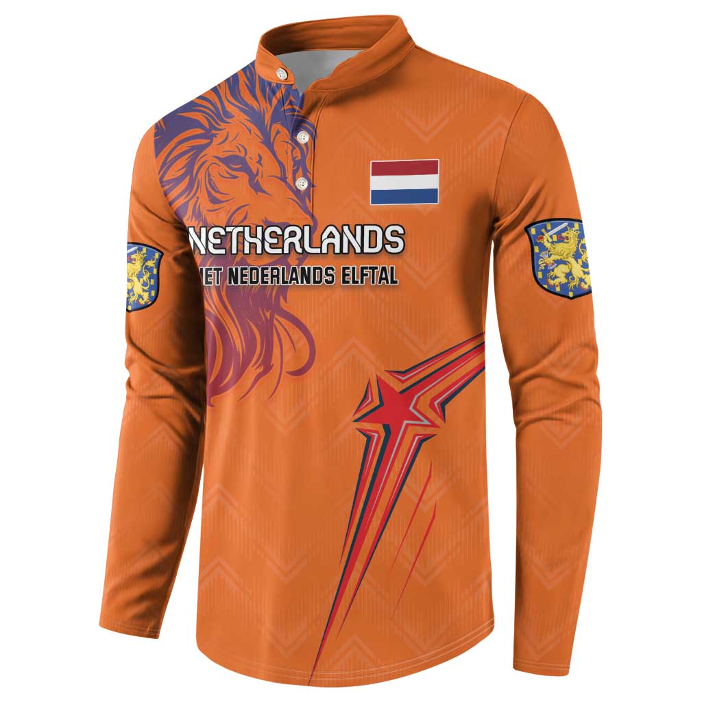 Orange button football sweatshirt with Netherlands lion crest and flag patch