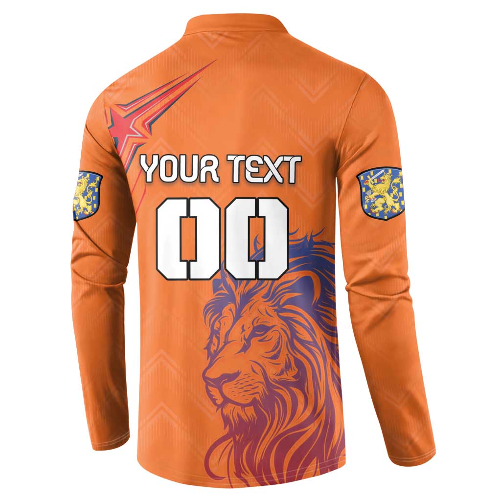 Orange football sweatshirt back with customizable text and 00 number, lion graphic