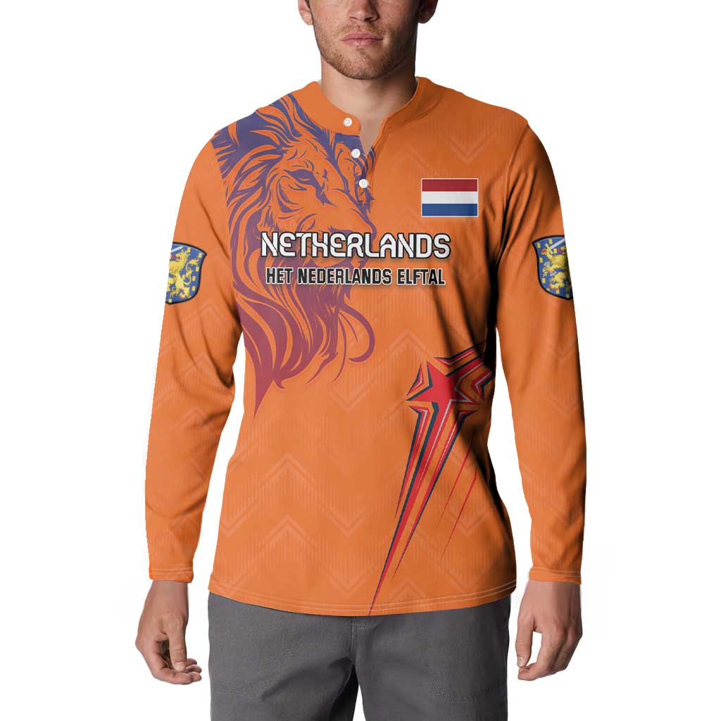 Orange button football sweatshirt with Netherlands lion print, flag patch, and star panel
