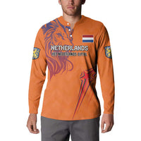 Orange button football sweatshirt with Netherlands lion print, flag patch, and star panel