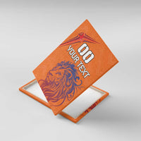 Orange canvas wall art with lion graphic and custom number text on a wood frame