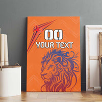 Orange canvas wall art with lion graphic and custom number text on a wood frame