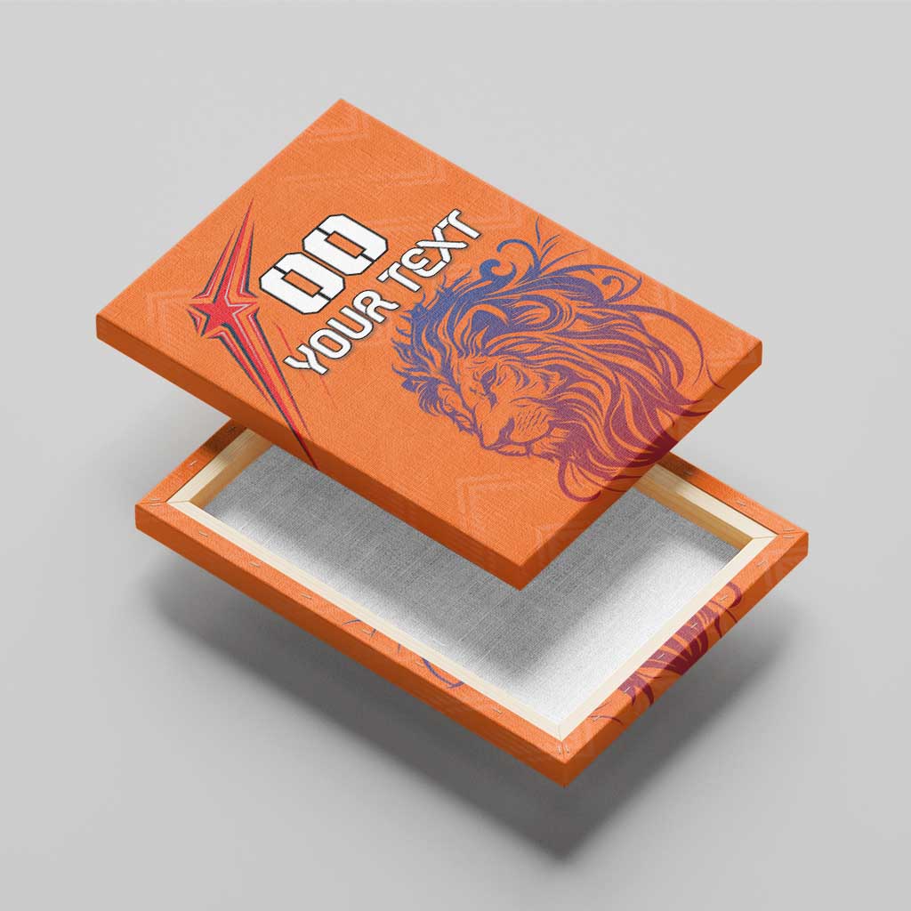 Orange canvas wall art with lion graphic, custom text, on a wood frame