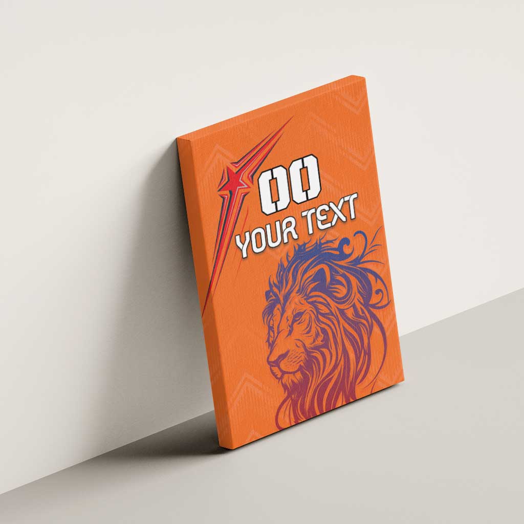 Orange canvas wall art with lion graphic and custom number text, unframed