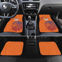Orange custom car floor mats with lion graphic and "YOUR TEXT" on front seats