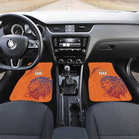 Orange custom car floor mats with lion graphic and "YOUR TEXT" shown in front cabin