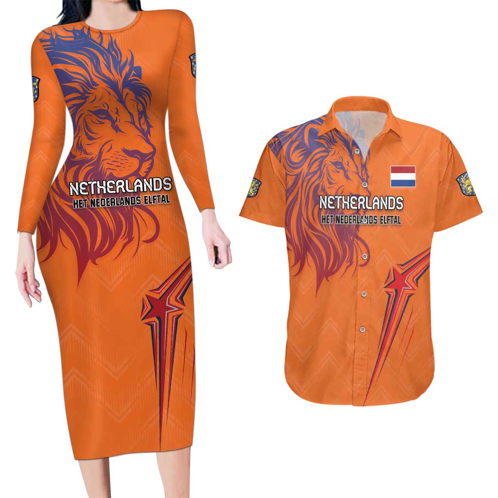 Custom Netherlands Football Couples Matching Long Sleeve Bodycon Dress and Hawaiian Shirt Oranje Lion - Wonder Print Shop