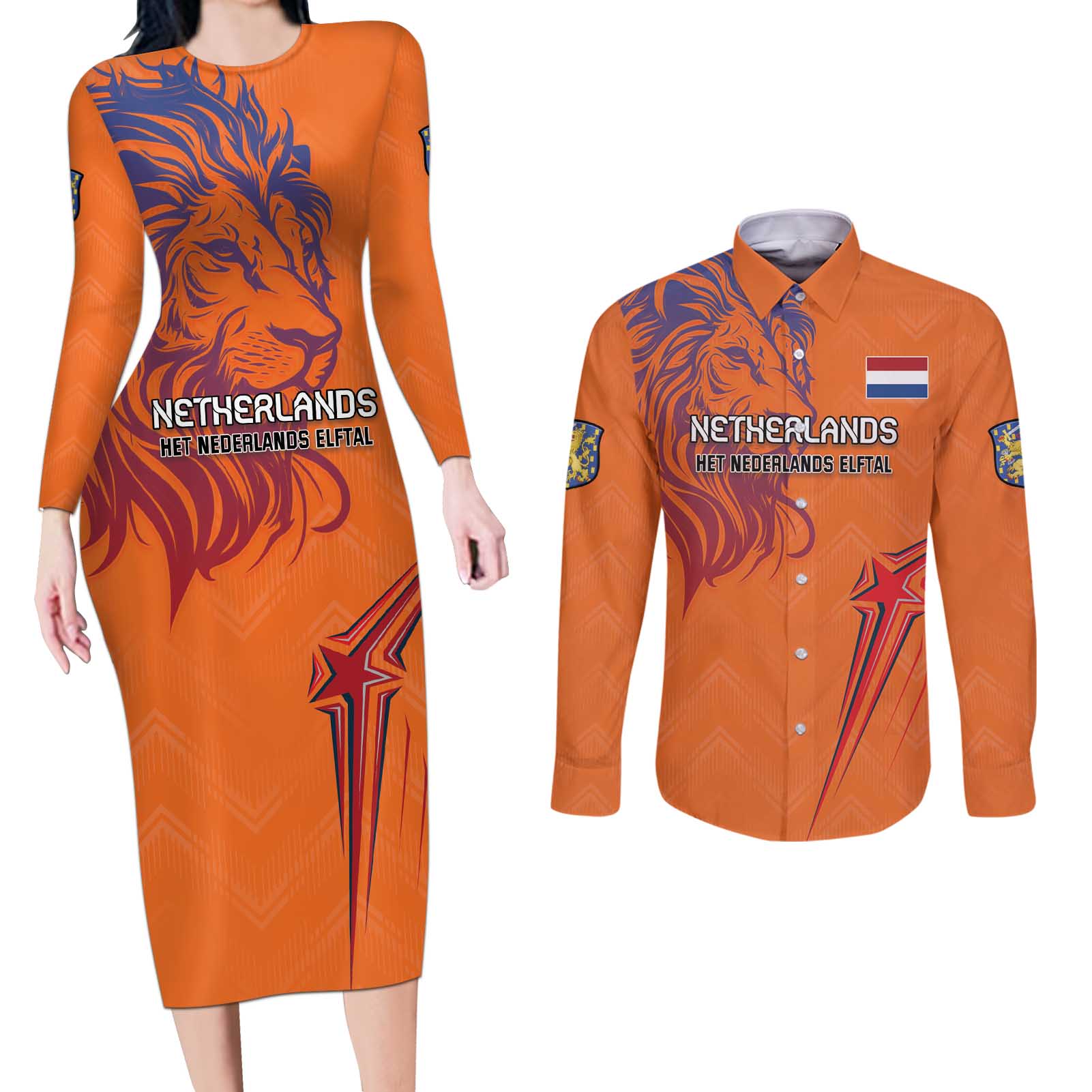 Custom Netherlands Football Couples Matching Long Sleeve Bodycon Dress and Long Sleeve Button Shirt Oranje Lion - Wonder Print Shop