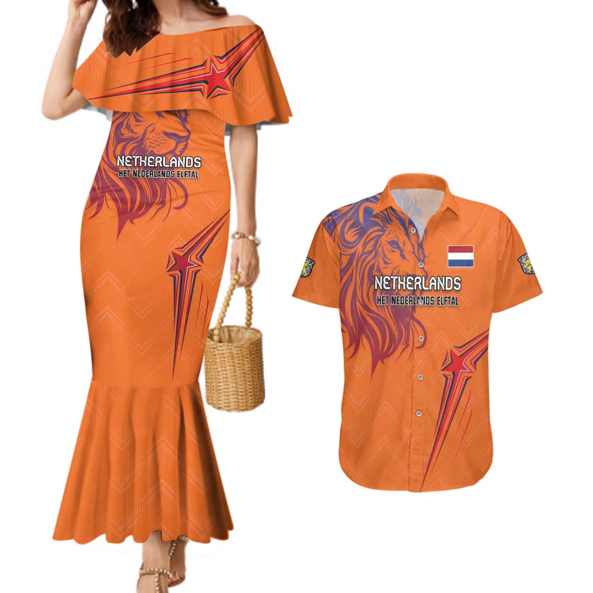 Custom Netherlands Football Couples Matching Mermaid Dress and Hawaiian Shirt Oranje Lion - Wonder Print Shop