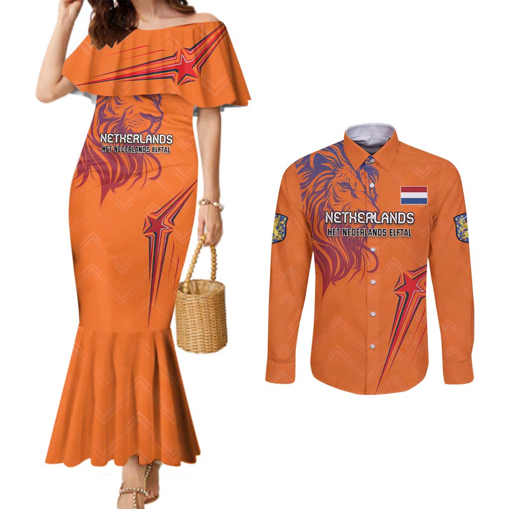 Custom Netherlands Football Couples Matching Mermaid Dress and Long Sleeve Button Shirt Oranje Lion