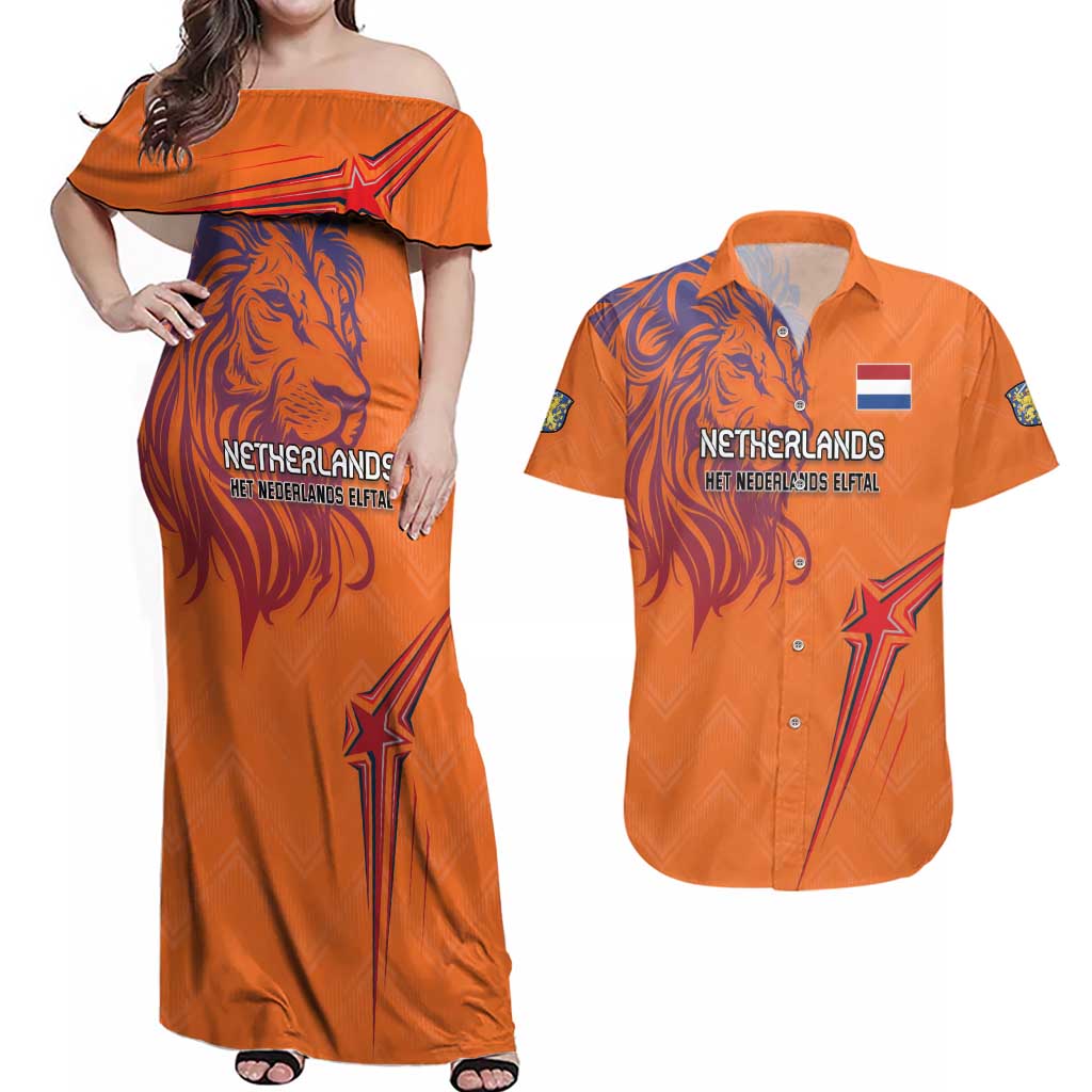 Custom Netherlands Football Couples Matching Off Shoulder Maxi Dress and Hawaiian Shirt Oranje Lion - Wonder Print Shop